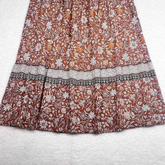 J Jill Boho Cottagecore Midi Skirt Floral Rust Tiered Flowy Elastic L - Picture 2 of 9